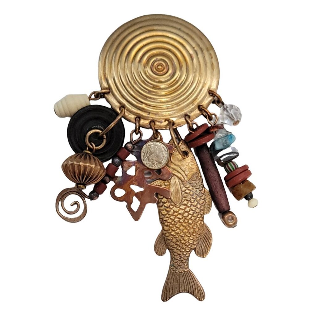 Marjorie Baer Brass Round Spiral, Multi Charm, Fish, Bead, Stone Dangle Brooch - Picture 3 of 8